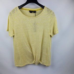 TAHARI Linen Short Sleeve Hem Tie Top Shirt Womens Large Yellow White Stripes